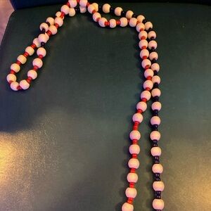 Vintage Wood Beaded Unisex Necklace, Double Necklace - RED and WHITE & Blue